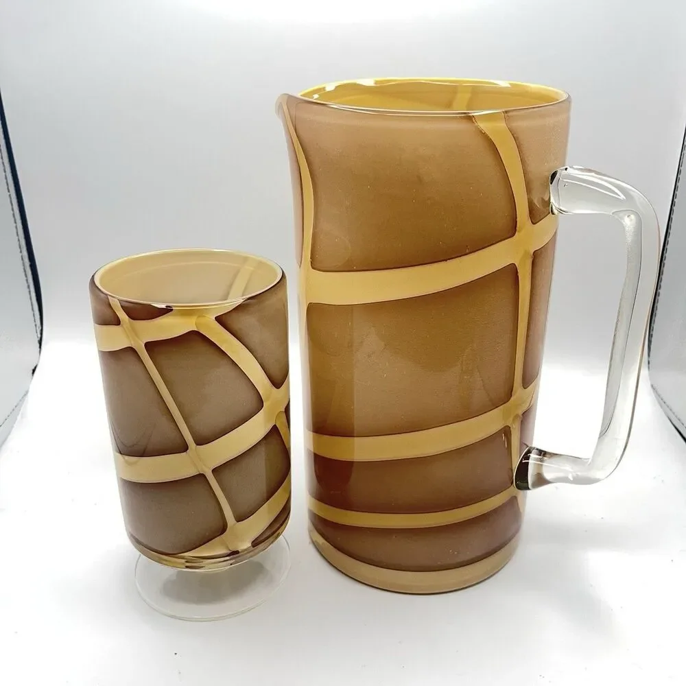 Vintage Hand Blown Glass Pitcher w Handle Nude w Cream Swirls Plus One Glass